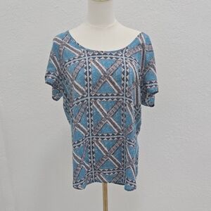 Lucky Brand Blue Geometric Short-Sleeve Top